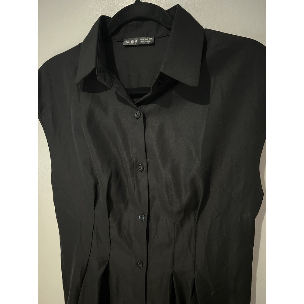 Shein Dress Womens Medium Black Collared Button Up Cap Sleeve Chic‎ Modern